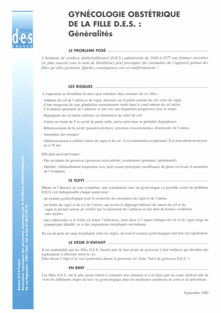 1ere Fiche Information Conseil Scientifique Reseau DES France Distilbene Sept2000