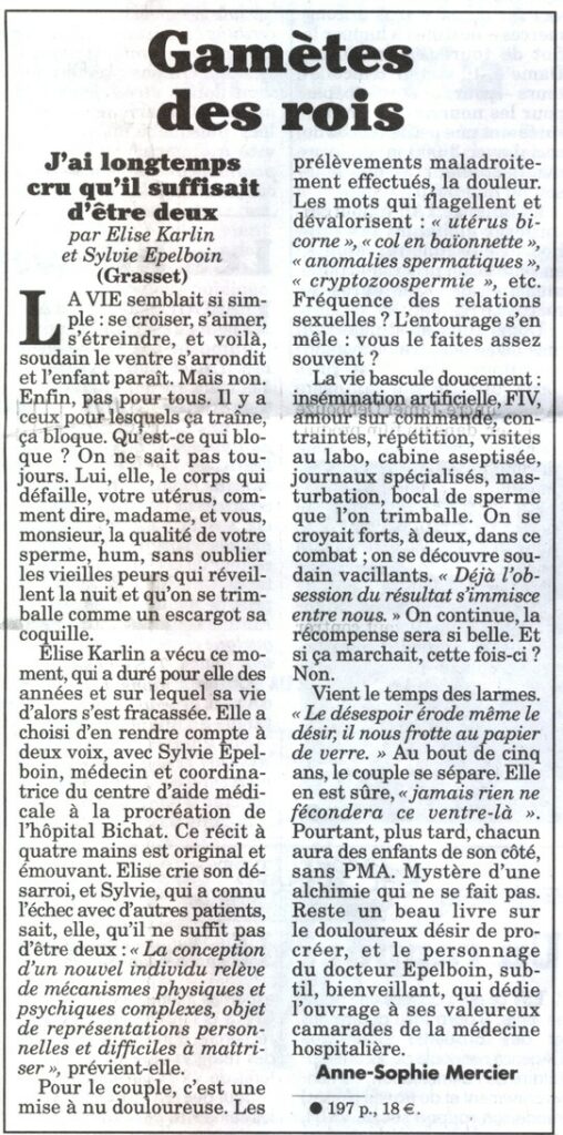 Canard Enchaine 4 Decembre 2019 Jai LongtempsCru qui suffisait d être deux - Grasset Elise Karlin Sylvie Epelboin Distilbene Reseau DES France