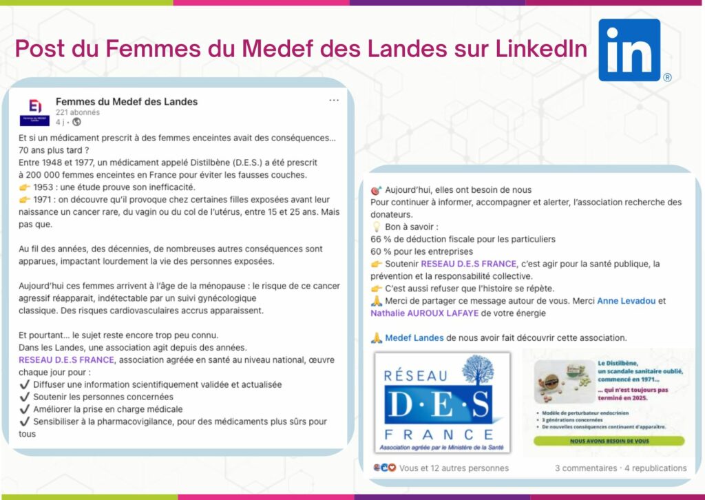 le Post Femmes Du Medef Landes en Janvier 2026, pour faire connaitre Réseau D.E.S. France et relayer notre appel à donateurs
